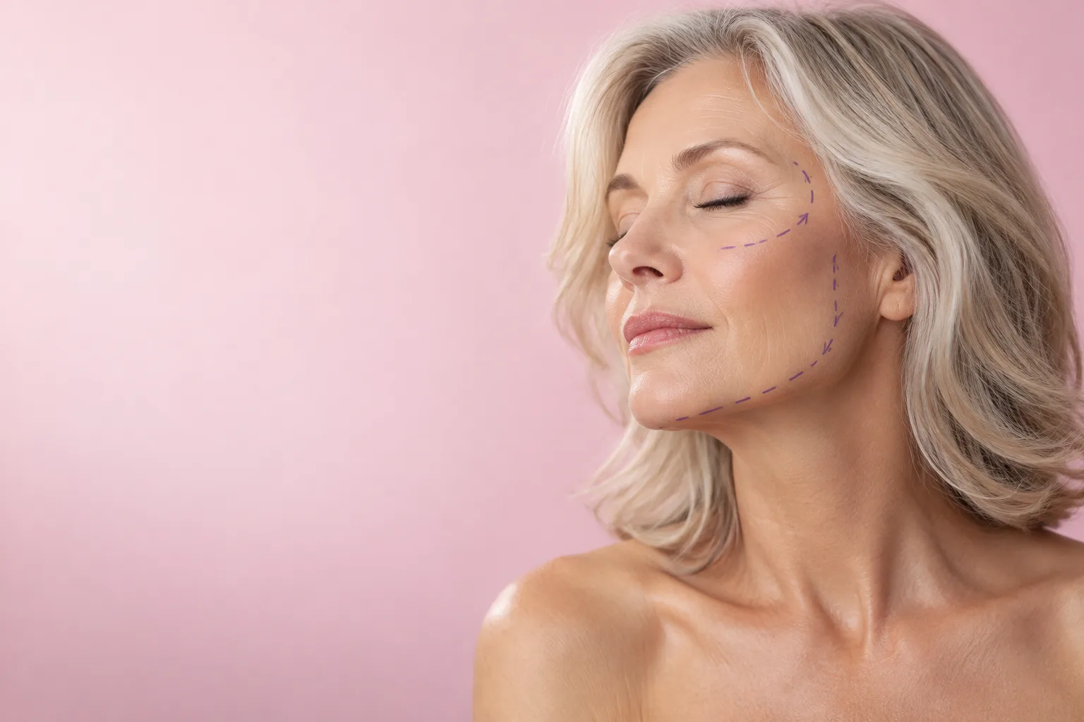 Woman in her fifties with eyes closed and dotted face-lift planning lines drawn along her cheek and jaw