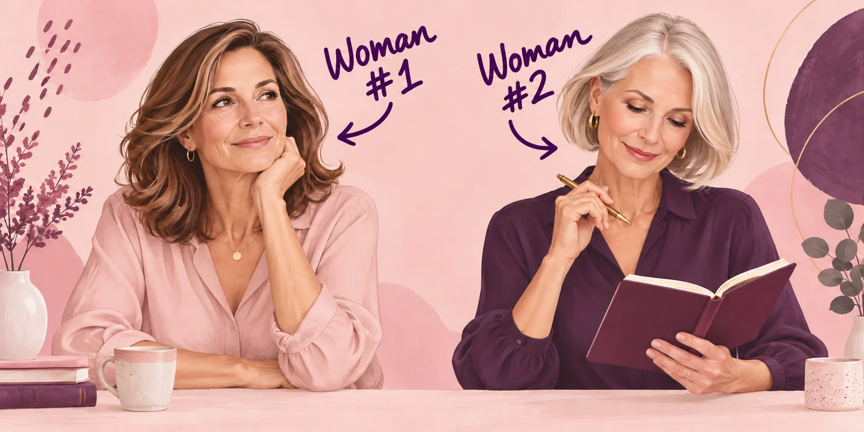 Two women with purple handwritten labels and arrows: Woman #1 on the left, Woman #2 on the right